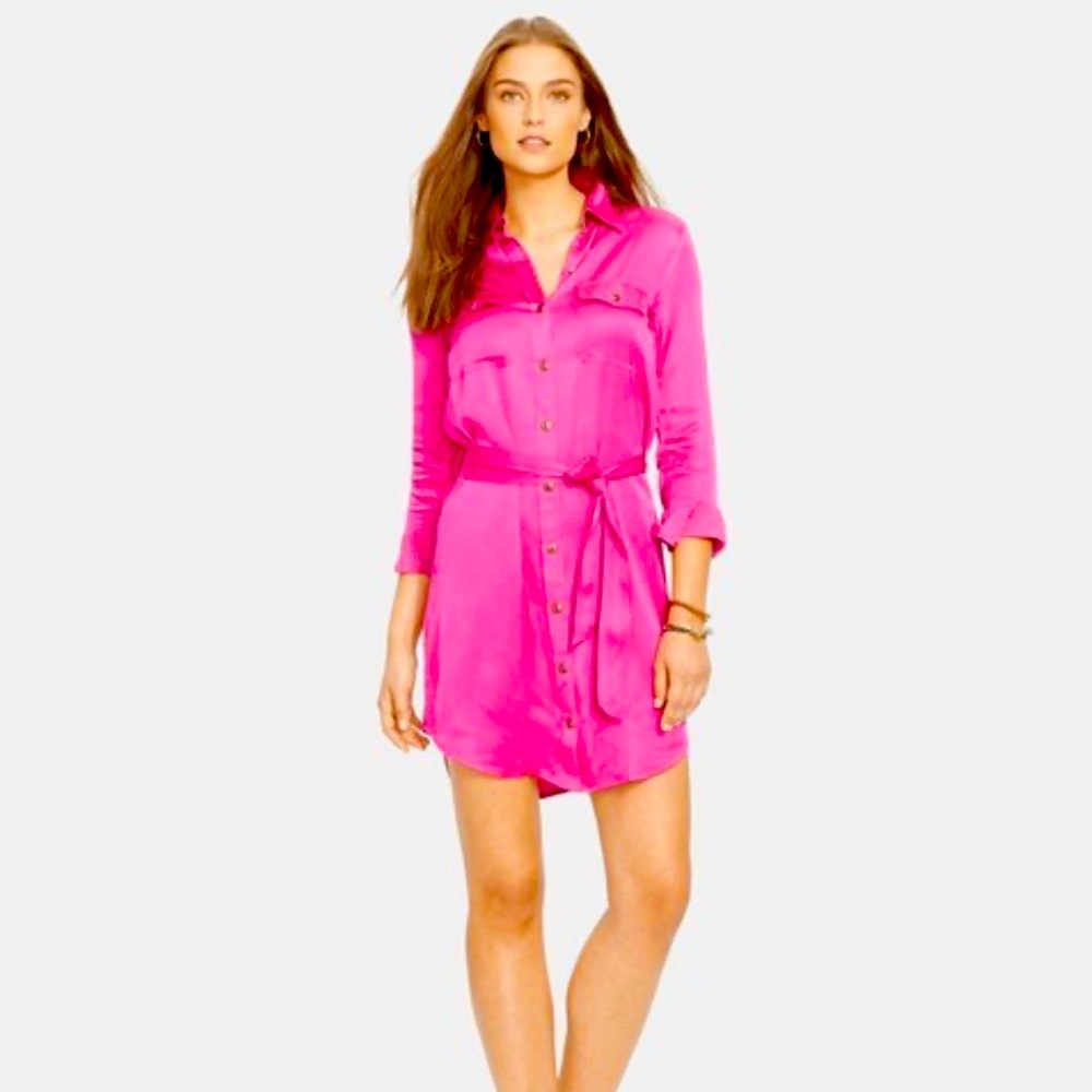 NWT Lauren Ralph Lauren Satin Long Sleeve Shirt Dress Pink SZ 2P